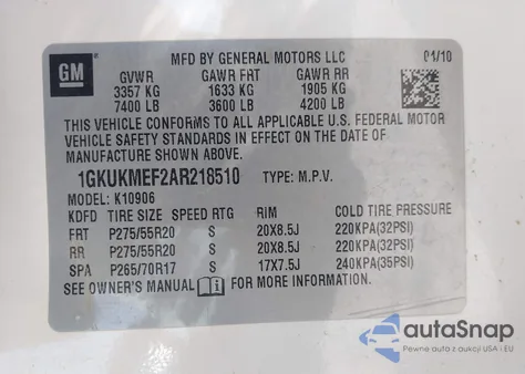 2010 GMC Yukon Xl 1500 Denali z USA, uszkodzony, nr VIN 1GKUKMEF2AR218510